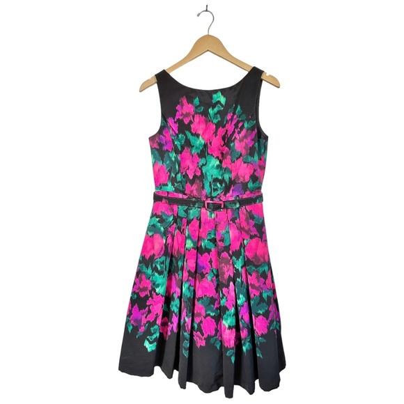 Eliza J Fit & Flare Black Watercolor Dress Sleeveless Belted Size 6 - Picture 7 of 12